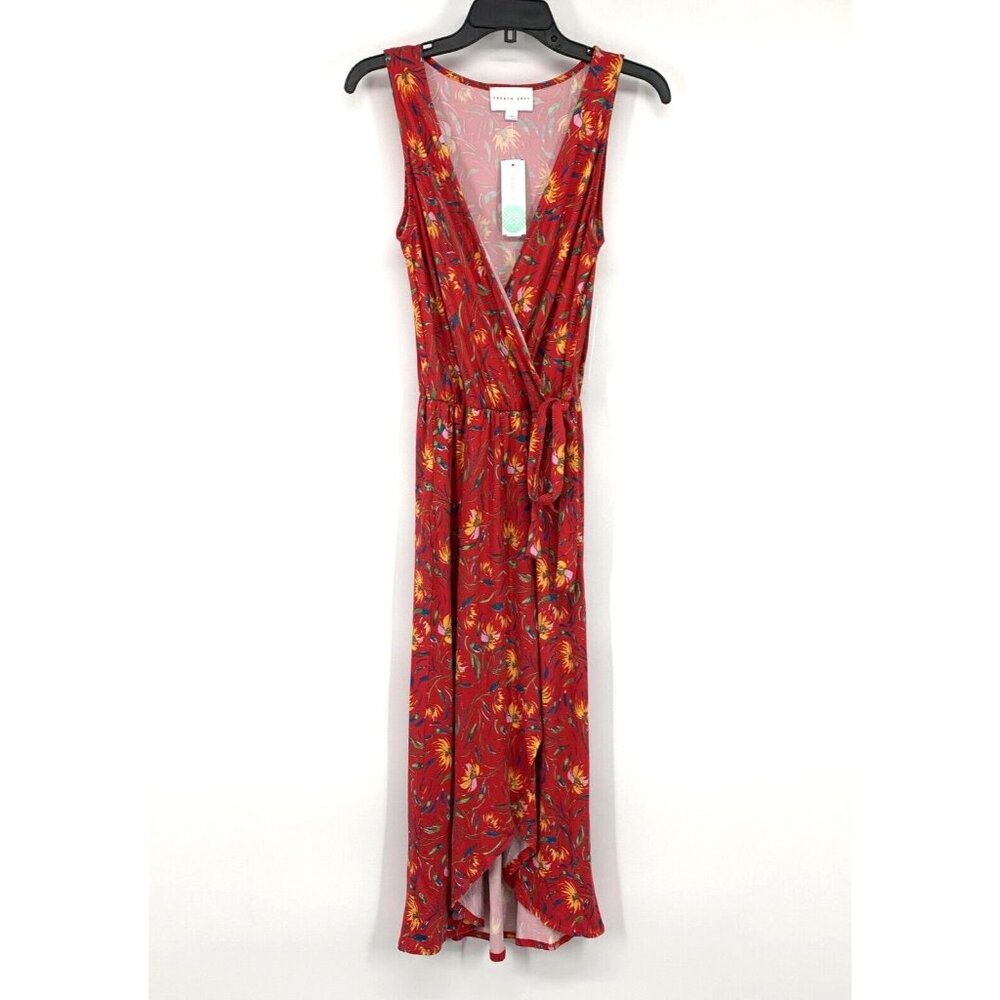 French Grey Dress Kerry Red Floral V Neck Faux Wrap Midi Knit NWT